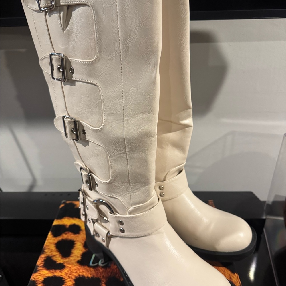 Stylish Cream Over the Knee Boots with Buckle Detail